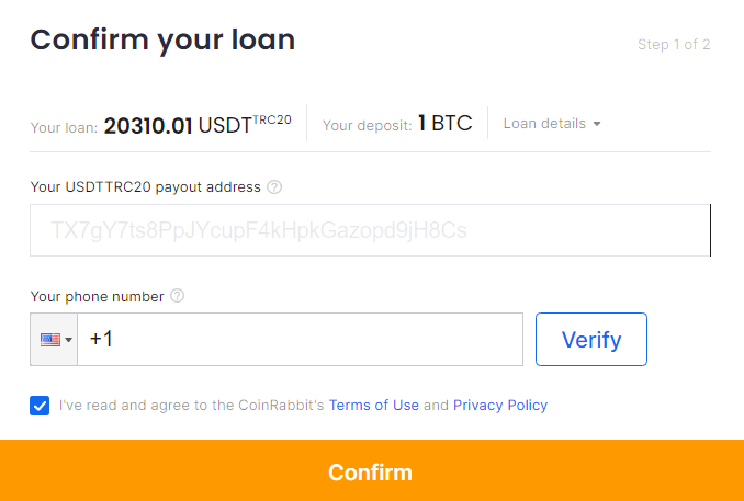 Confirm your USDT TRC20 loan