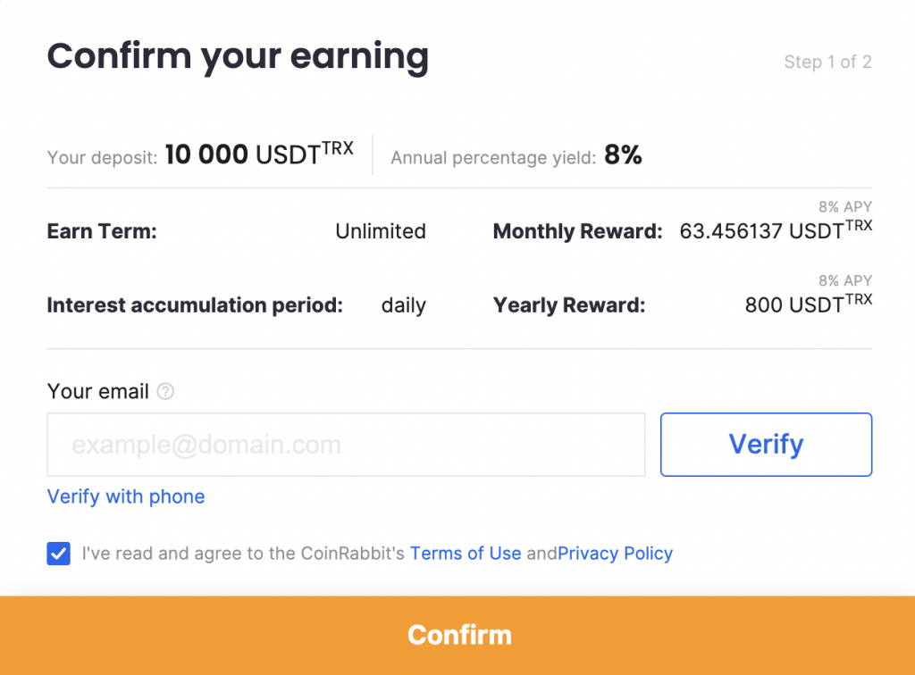 Confirm your earning account on CoinRabbit